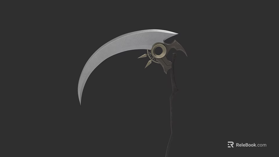 Silver Curved Blade Scythe Weapon With Wooden Handle And Metal Accents 3d model 