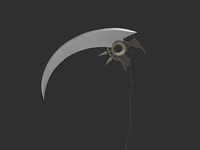 Silver Curved Blade Scythe Weapon With Wooden Handle And Metal Accents 3d model