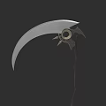 Silver Curved Blade Scythe Weapon With Wooden Handle And Metal Accents