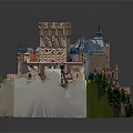 Ancient Architecture Medieval Castle Model with Spires Gray Roof and Green Vegetation on Rock Base