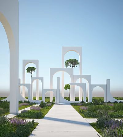 Modern landscape sketch net red punch point art gallery photography base landscape art installation small landscape 3d model