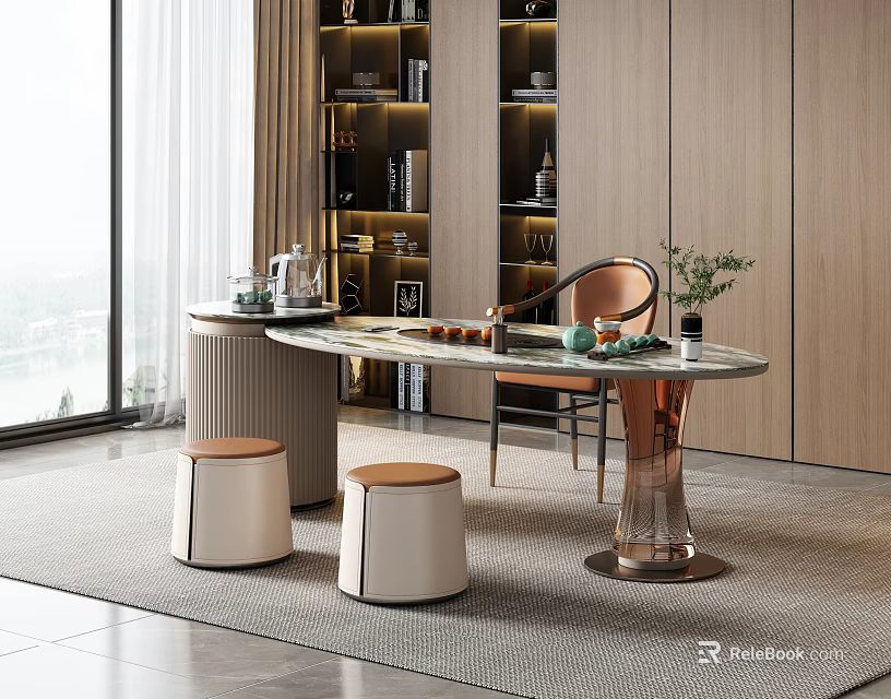 Modern Elegant Tea Table And Chairs With Round Marble Tabletop Metal Base And Stools 3d model