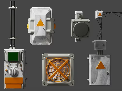 Industrial Electronic Electrical Devices Featuring Metal Enclosures Orange Warning Triangles Control Panels And Fans 3d model