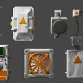Industrial Electronic Electrical Devices Featuring Metal Enclosures Orange Warning Triangles Control Panels And Fans