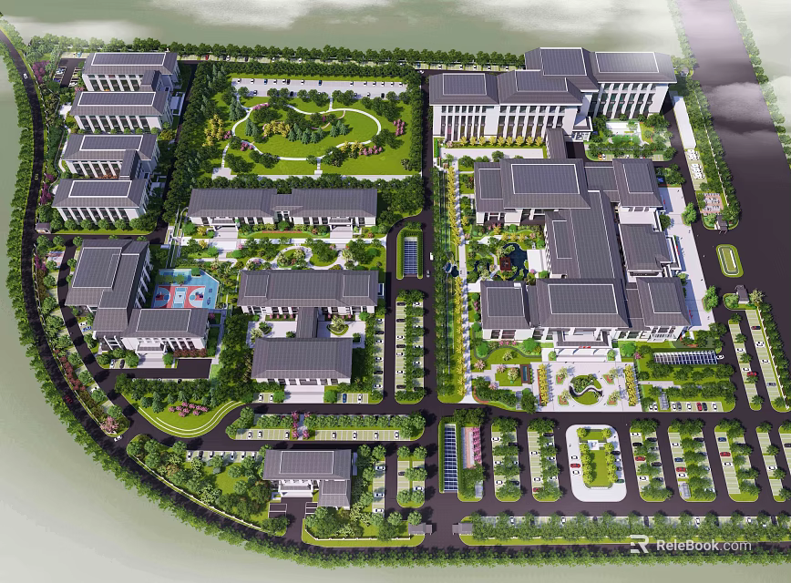 Modern Office Landscape with Multiple Buildings Central Garden and Green Areas 3d model 