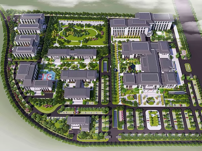 Modern Office Landscape with Multiple Buildings Central Garden and Green Areas 3d model