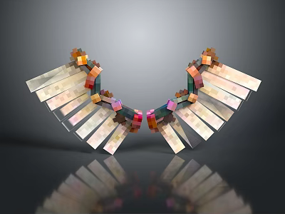 Symmetric Colorful Geometric Art Installation With Wing Shaped Blocks Strips And Reflection 3d model