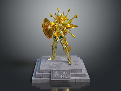 Game Movie Character Statue In Golden Armor With Wings Shield And Pedestal 3d model