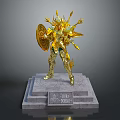 Game Movie Character Statue In Golden Armor With Wings Shield And Pedestal
