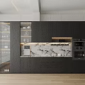 Modern Open Kitchen Interior With Wine Cabinet Glass Door Storage And Design