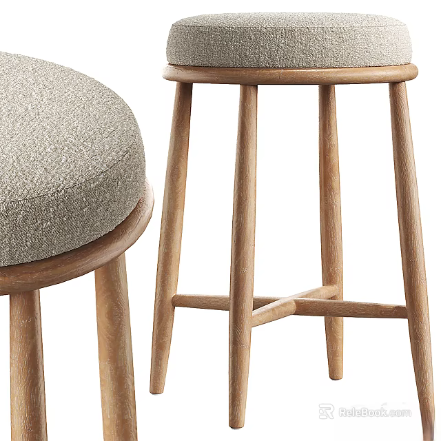 Modern Comfortable Upholstered Stool With Natural Wooden Legs And Fabric Seat 3d model 
