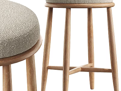 Modern Comfortable Upholstered Stool With Natural Wooden Legs And Fabric Seat 3d model