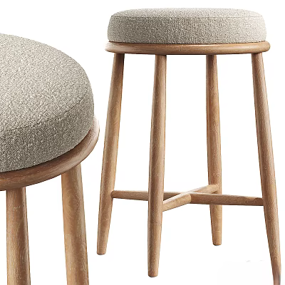 Modern Comfortable Upholstered Stool With Natural Wooden Legs And Fabric Seat 3d model