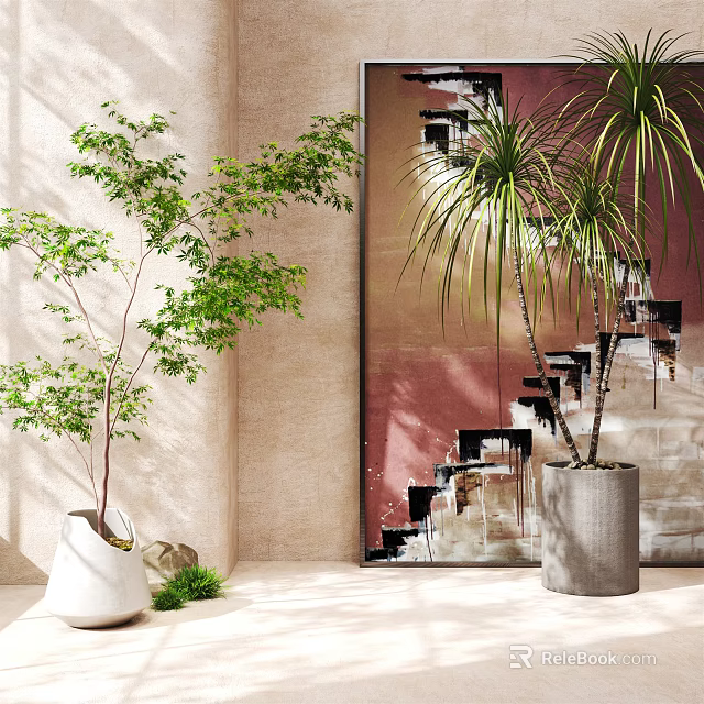 Bonsai Plant In Modern Indoor Space With Natural Light Concrete Pot And Stone Wall Design 3d model 