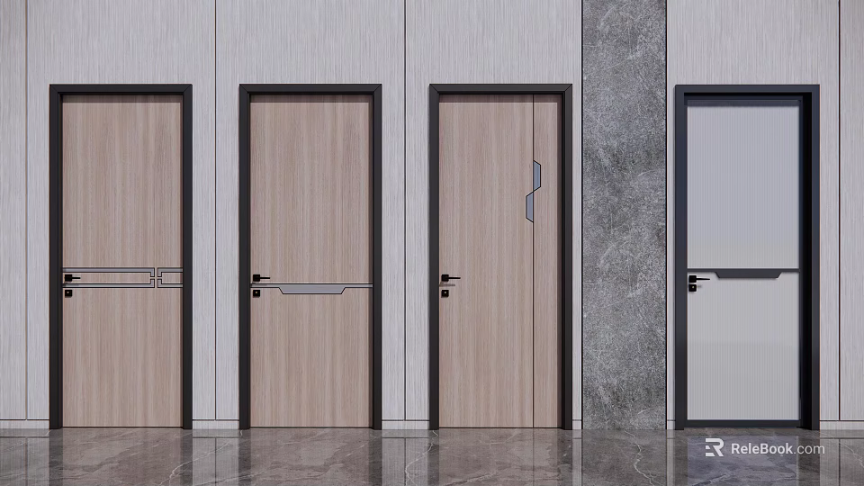 Modern Wooden Swing Doors With Black Frames Different Styles For Interior Design 3d model