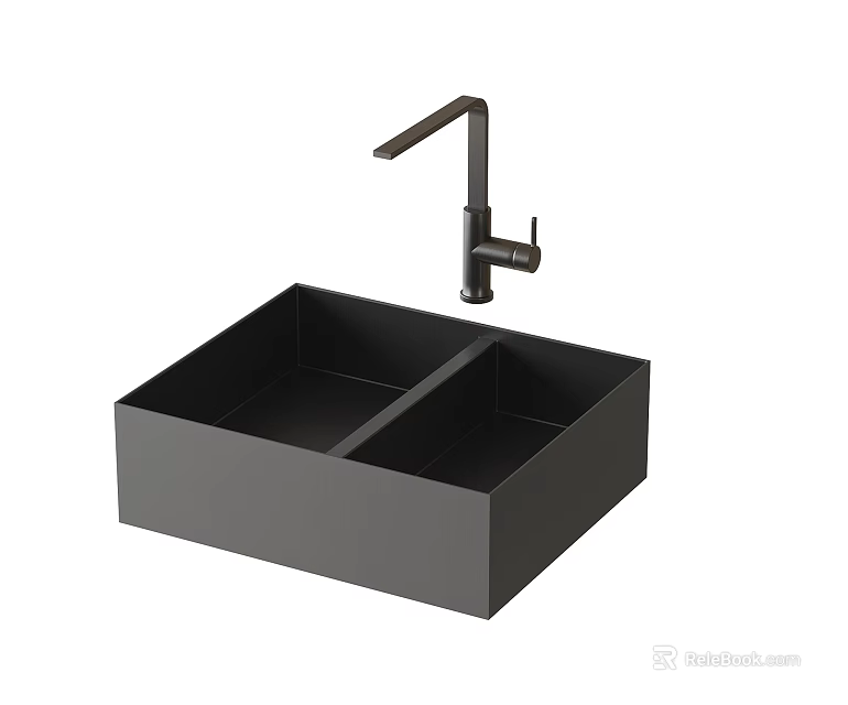 Sleek Black Double Bowl Kitchen Sink With Modern Tall Faucet Design 3d model 