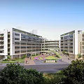 Modern School Building Campus With Green Roofs River Sports Field And Trees