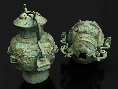 Ancient Chinese Bronze Vessels Featuring Ornate Carvings And Intricate Lid Design 3d model