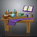 Wooden Table with Open Purple Book Green Books Blue Vase Red Bowl and Purple Cloth