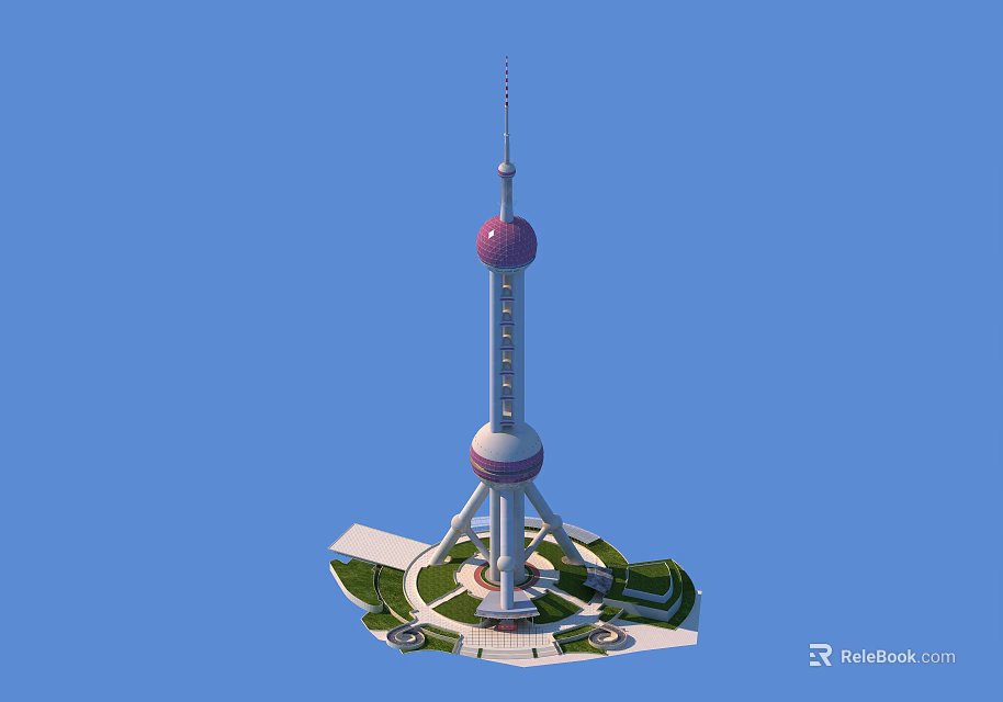 Shanghai Oriental Pearl Tower with Red Spheres Slender Structure and Green Lawn Plaza 3d model 