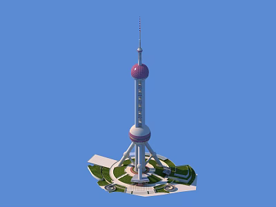 Shanghai Oriental Pearl Tower with Red Spheres Slender Structure and Green Lawn Plaza 3d model