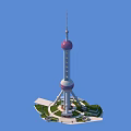 Shanghai Oriental Pearl Tower with Red Spheres Slender Structure and Green Lawn Plaza