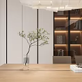 Modern Study Room Interior With Wooden Desk Shelves Potted Plant And Hanging Lamp