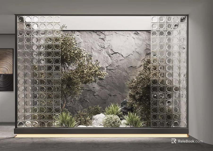 Indoor Landscape Featuring Gray Stone Wall Green Plants Circular Hole Partitions And Yellow Lighting 3d model 