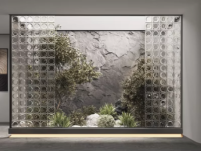 Indoor Landscape Featuring Gray Stone Wall Green Plants Circular Hole Partitions And Yellow Lighting 3d model