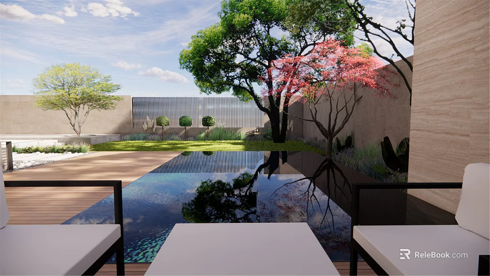 Modern Garden Landscape With Reflection Pool And Colorful Trees Near Seats 3d model 