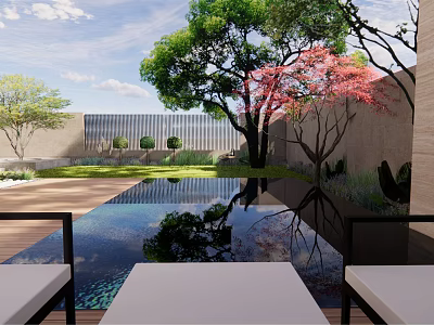 Modern Garden Landscape With Reflection Pool And Colorful Trees Near Seats 3d model