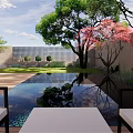 Modern Garden Landscape With Reflection Pool And Colorful Trees Near Seats