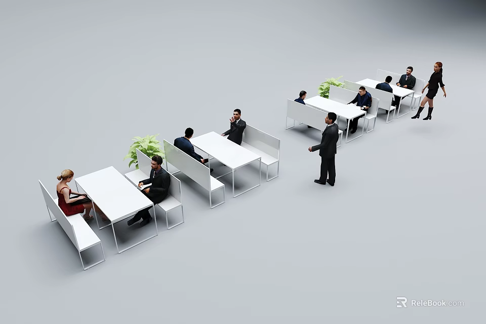 Modern White Table Chair Sets In Office Meeting Area With Sleek Design And Green Plants 3d model 