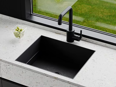 Black Kitchen Sink with Modern Black Faucet on White Countertop by Window and Green View 3d model