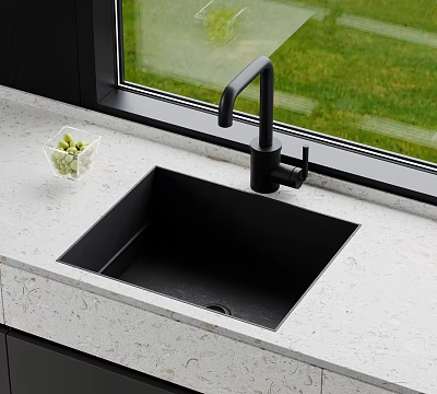 Black Kitchen Sink with Modern Black Faucet on White Countertop by Window and Green View 3d model