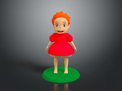 Cute Child Figure With Red Hair And Red Dress Standing On Green Base 3d model