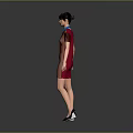 Woman In Red Dress With Blue Collar And Black Sleeves Standing On Gray Background