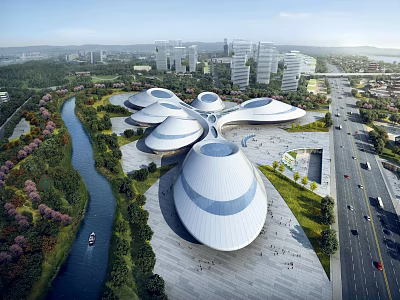 Modern Urban Landmark with White Dome Architecture River Road and Greenery 3d model