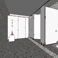 Public Restroom Interior Design With Tiled Walls Stalls Sink And Toilet Brush