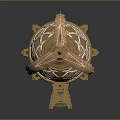 Ornate Egg Shaped Decorative Artifact With Gold Accents Pink Geometric Patterns And Intricate Metal Stand