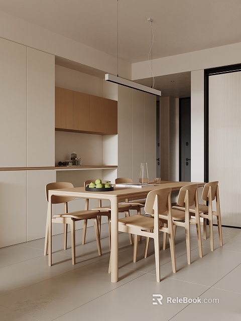 Modern Restaurant Open Kitchen Design With Wooden Dining Table And Chairs 3d model 