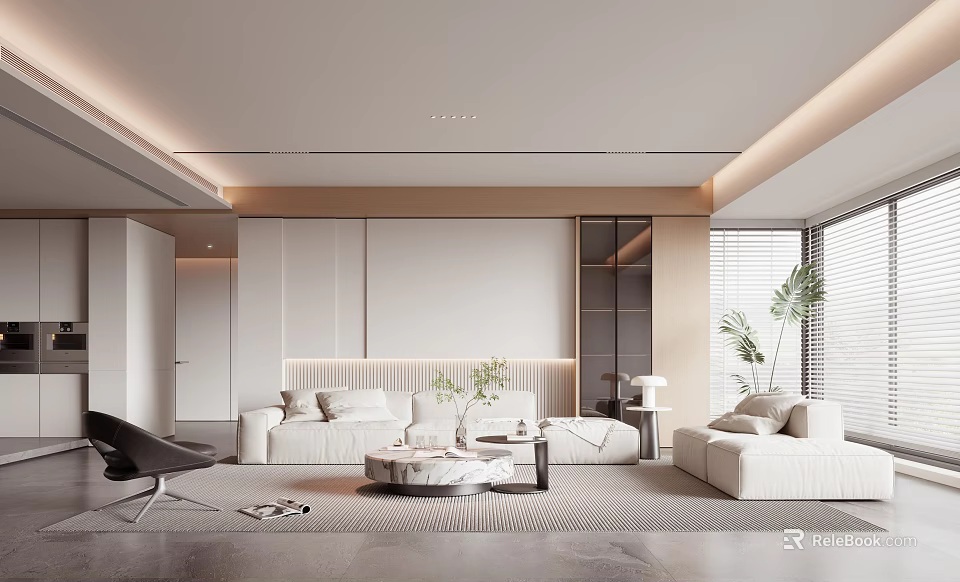 Modern Minimalist Living Room Interior With White Sofa Coffee Table And Green Plants 3d model 