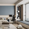 Modern Kids Room Interior With Dark Blue Wall Astronaut Neon Light And Stuffed Toys