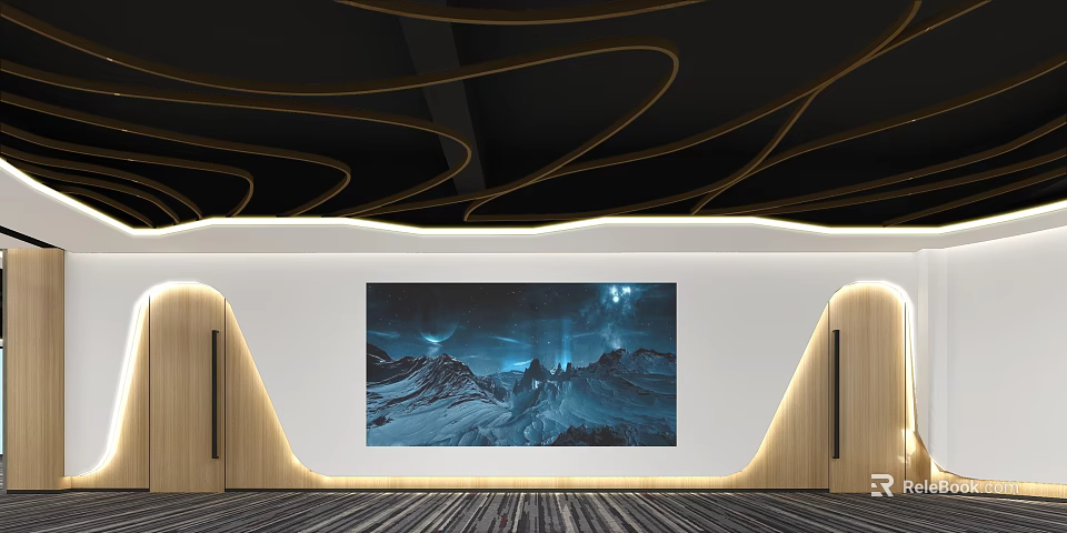 Modern Interior With Large Display Screen Showing Mountain Night View And Curved Gold Decor 3d model 