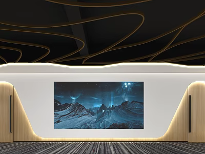 Modern Interior With Large Display Screen Showing Mountain Night View And Curved Gold Decor 3d model