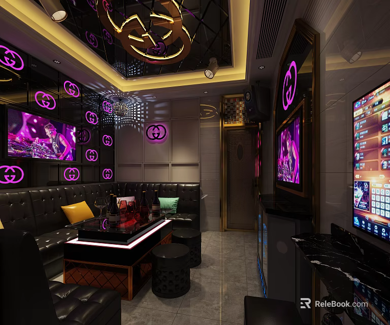 Modern KTV Room Interior Decor With Purple Neon Lights Black Leather Sofas And TV Screens 3d model 