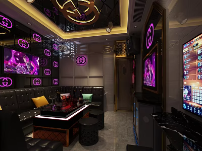 Modern KTV Room Interior Decor With Purple Neon Lights Black Leather Sofas And TV Screens 3d model