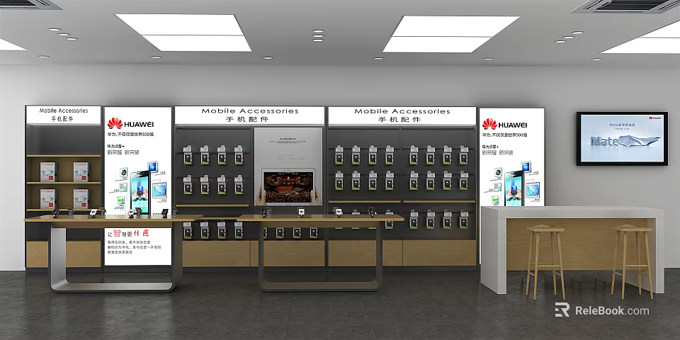 Huawei Digital Store Interior With Mobile Accessories And Display Shelves 3d model 