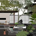 Modern Courtyard Garden With Outdoor Sofa Chairs Wooden Deck And Green Plants