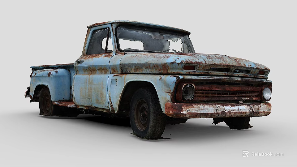Old Blue Rusty Pickup Truck With Damaged Windows And Rusted Body Panels 3d model 